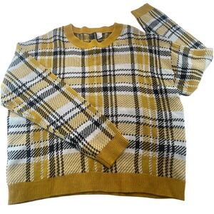 H&M Divided Womens Large Plaid Knit Sweater Yellow Black White Long Sleeve